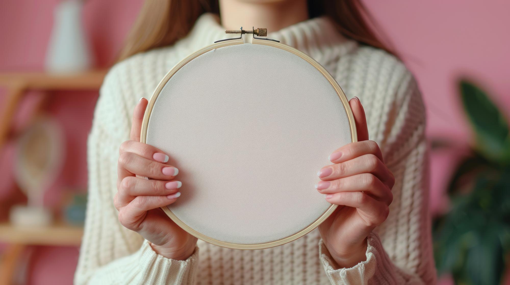 Hand holding hoop with modern pattern